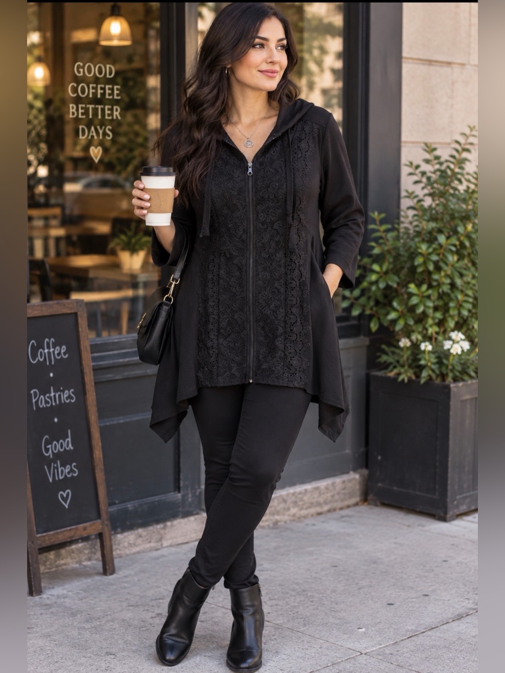 Roaman's Black Hooded Zip Cardigan with Lace Trim
